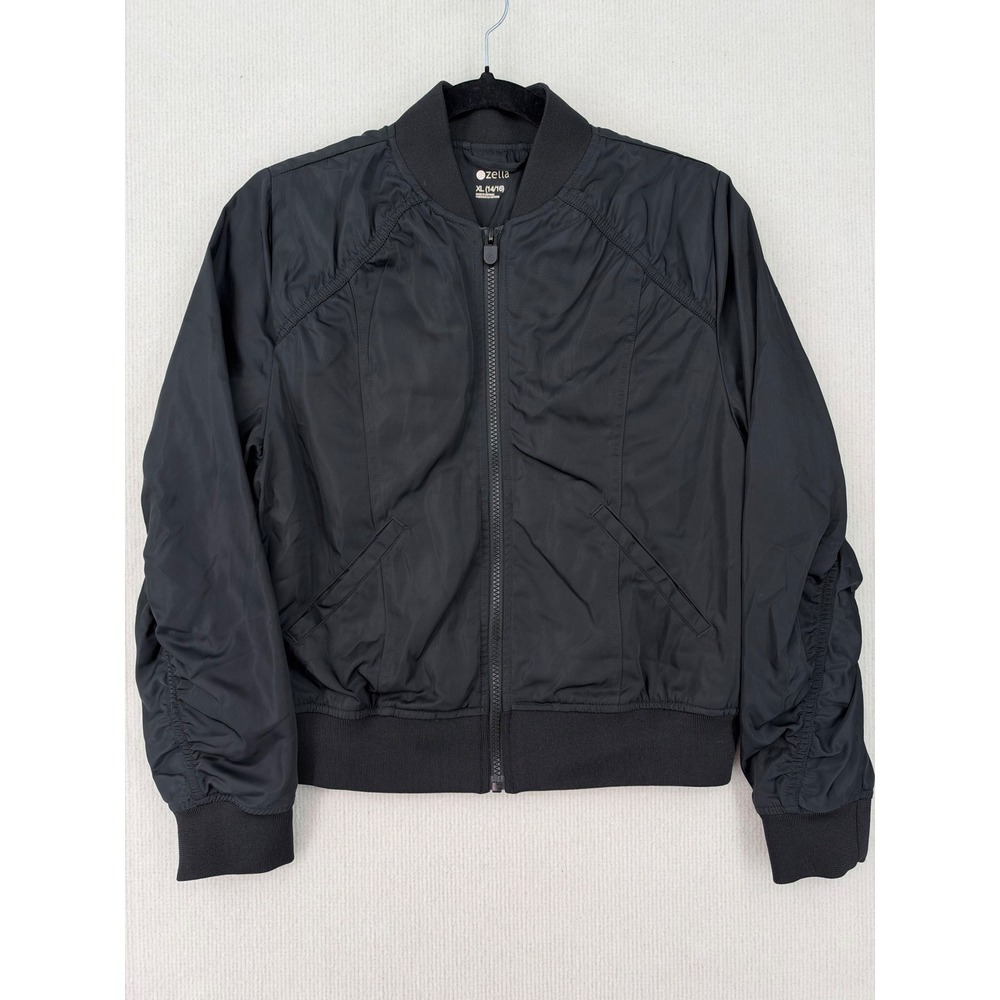 Zella Girls XL 14/16 Black Bomber Jacket Ruched Sleeve Lightweight Full Zip